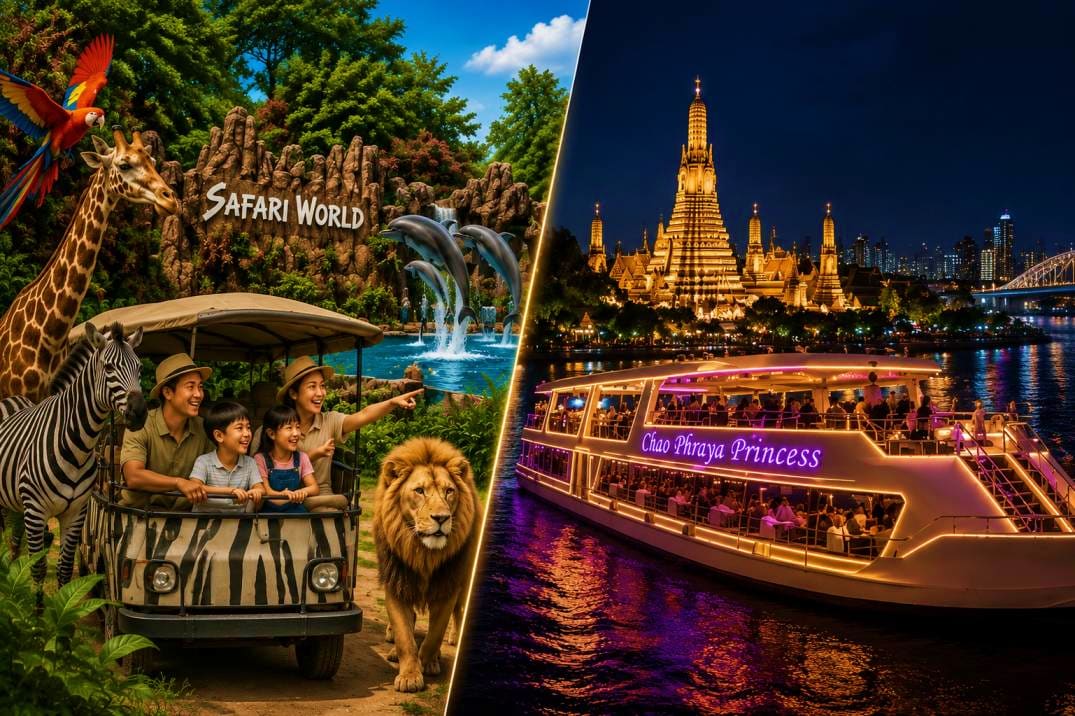 Split image showing Safari World wildlife park with family in safari vehicle viewing animals, and Chao Phraya Princess dinner